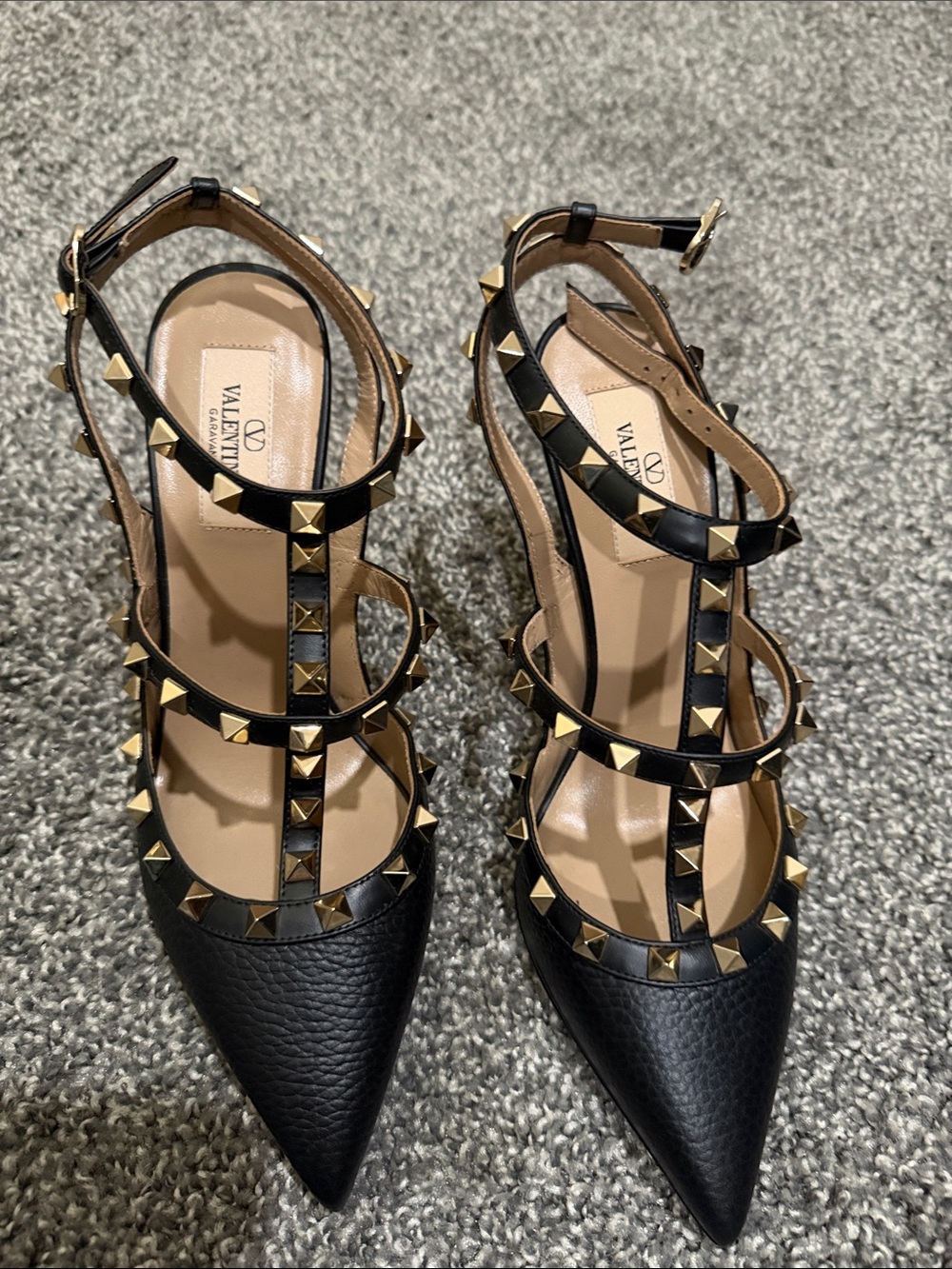 Valentino Black Leather Pointed Rockstud Strappy Heels